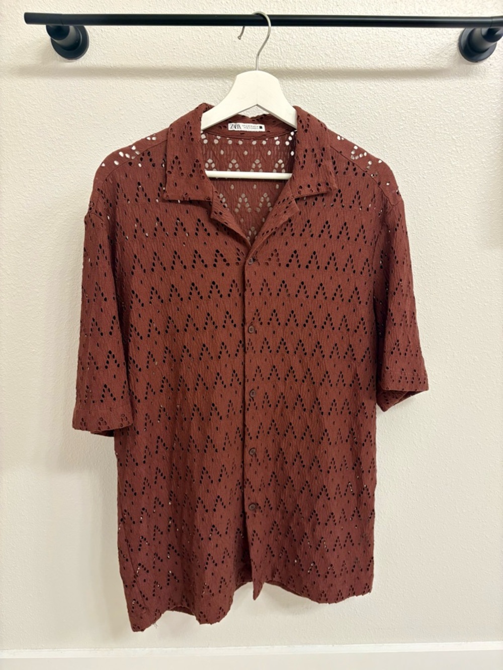 Zara Men's Rust Brown Openwork Short Sleeve Button-Down Shirt